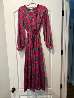 Mary Square Plaid Red and Green Long Sleeve Maxi Dress with Tie Waist